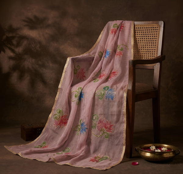 Luxe Organza Women Pink Dupatta with Handbrush Floral Art & Beads