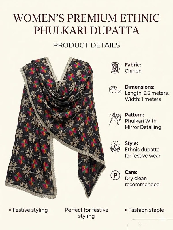 Luxe Chinon Women Phulkari Black Dupatta with Lace Border & Traditional Motif Work