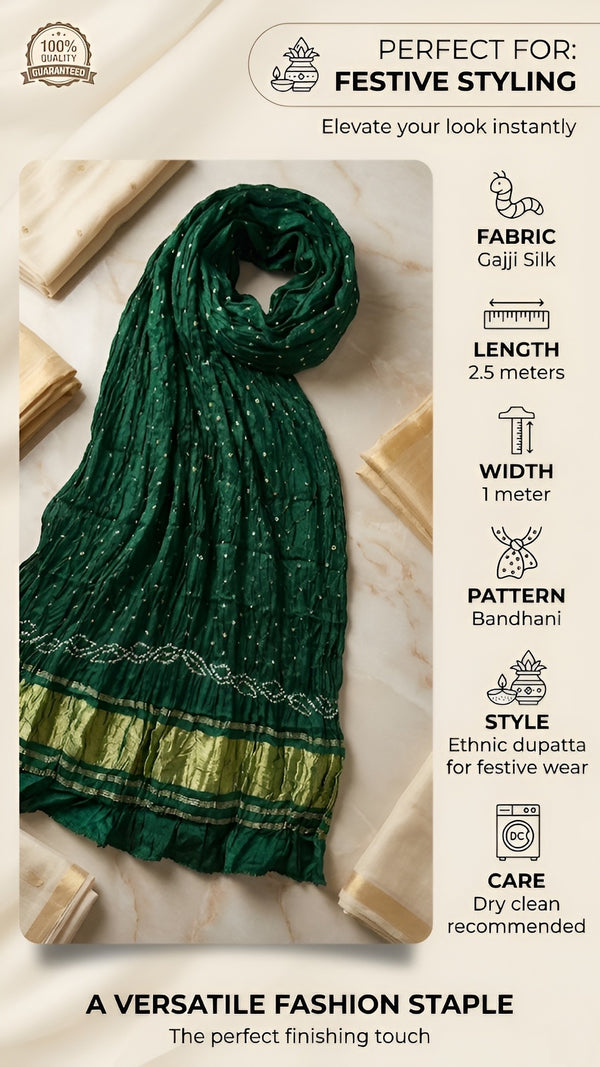 Luxurious Gajji Silk Green Dupatta with Bandhani Dots & Zari Border