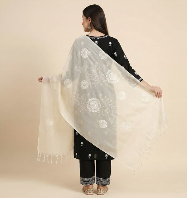 Off White Cotton Embroidered Dupatta | Summer Edit Lightweight Ethnic Essential