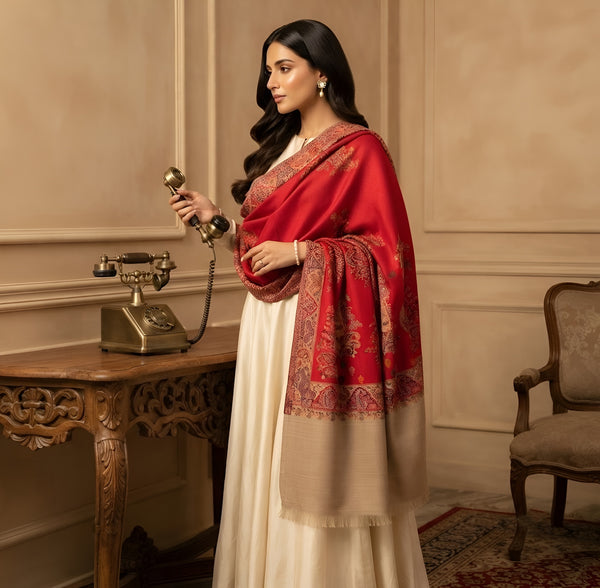 Naqsh-e-Kashmir Woven Kani Jacquard Paisley Red Shawl with Inner Bootas & Solid Panel