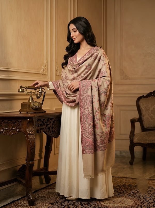 Naqsh-e-Kashmir All-Over Floral Woven Kani Jacquard Wool Blend Beige Shawl