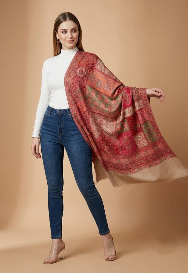Regal Multicolor Patchwork Kani Jacquard Woven Wool Blend Beige Stole