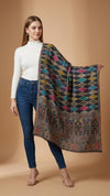 Signature Geometric Diamond Jacquard with Mughal Floral Border Wool Blend Blue Stole