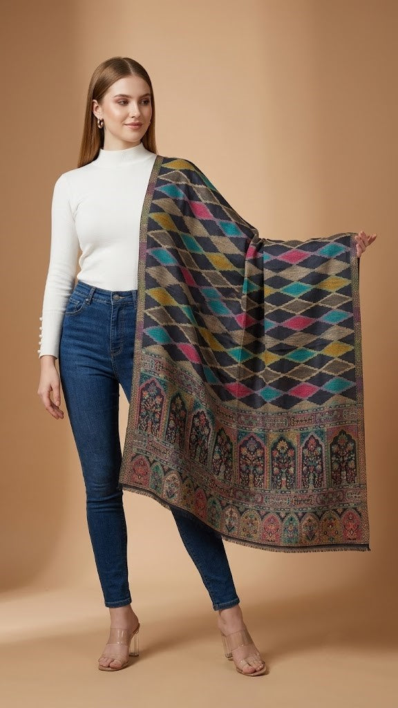 Signature Geometric Diamond Jacquard with Mughal Floral Border Wool Blend Blue Stole