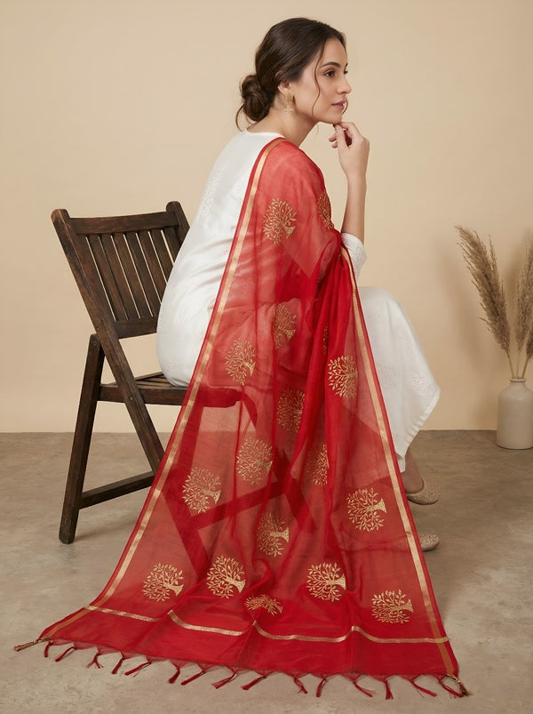 Elegant Red Cotton Zari Buta Dupatta | Lightweight Ethnic Drape