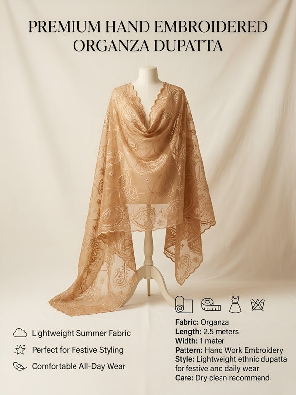 Gold Organza Embroidered Dupatta for Women with Paisley & Floral