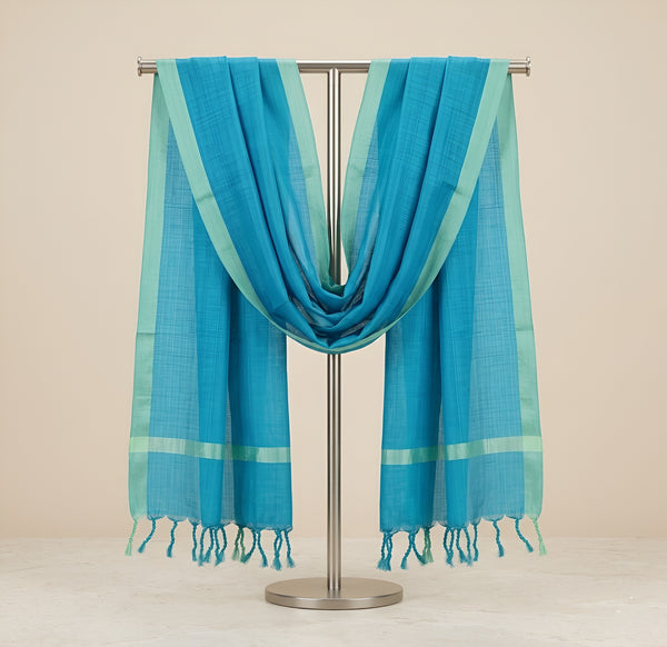 Cotton Mens Dupatta – Teal Blue with Golden Border & Tassel Finish