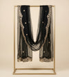Black Twill Net Mens Dupatta – Scalloped Cutwork Border with Buti Work