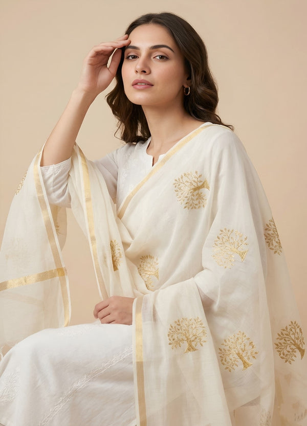Elegant White Cotton Zari Buta Dupatta | Lightweight Ethnic Drape