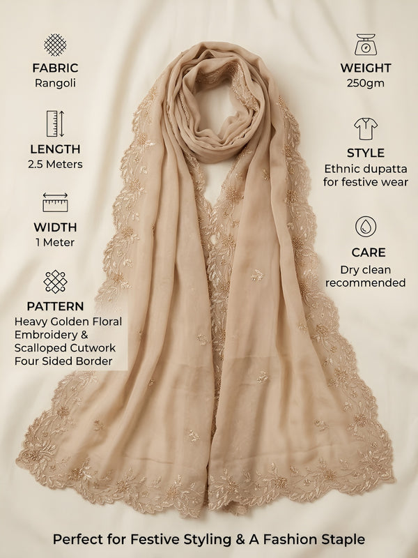Luxe Rangoli Women Beige Dupatta with 4 Side Scalloped Embroidered Border & Buti Embellishment