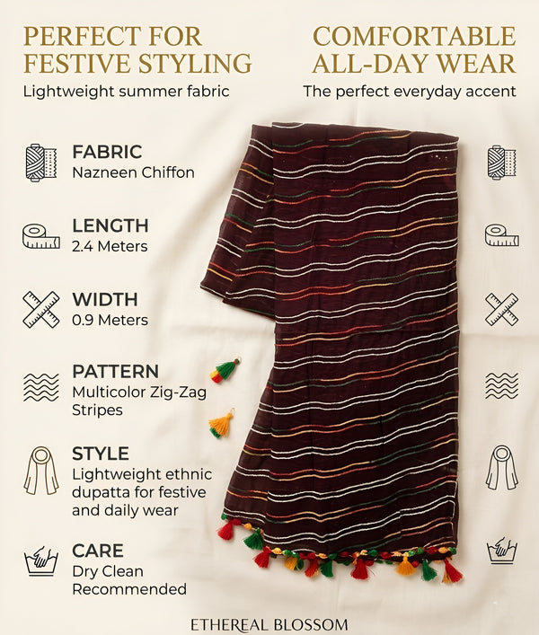 Maroon Nazneen Chiffon Mens Dupatta with Multicolor Stripes & Pom Pom