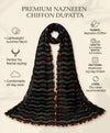 Black Nazneen Chiffon Dupatta with Multicolor Stripes & Pom Pom Border