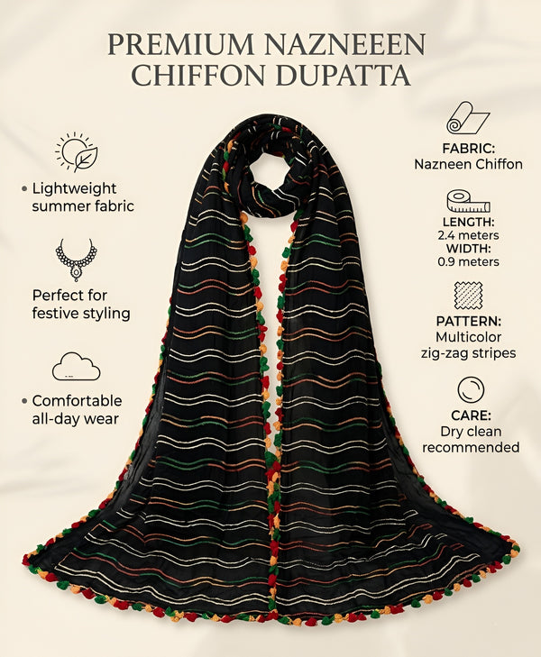 Black Nazneen Chiffon Dupatta with Multicolor Stripes & Pom Pom Border