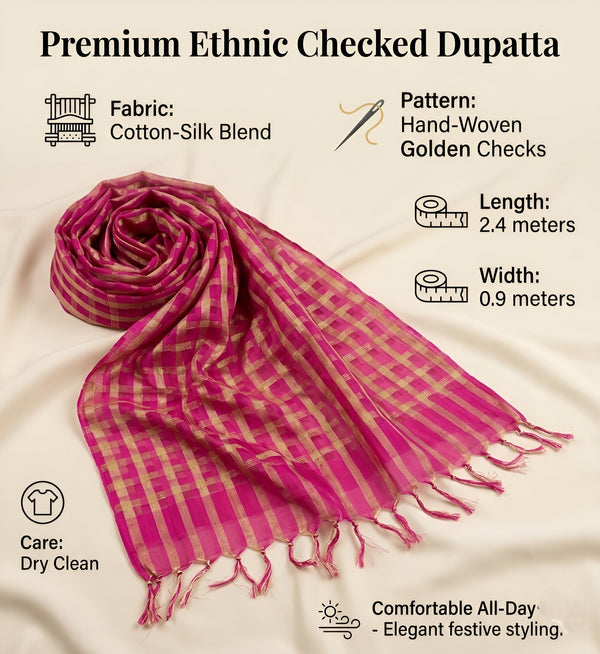 Pink Cotton Dupatta with Golden Stripe Weave & Tassel Border
