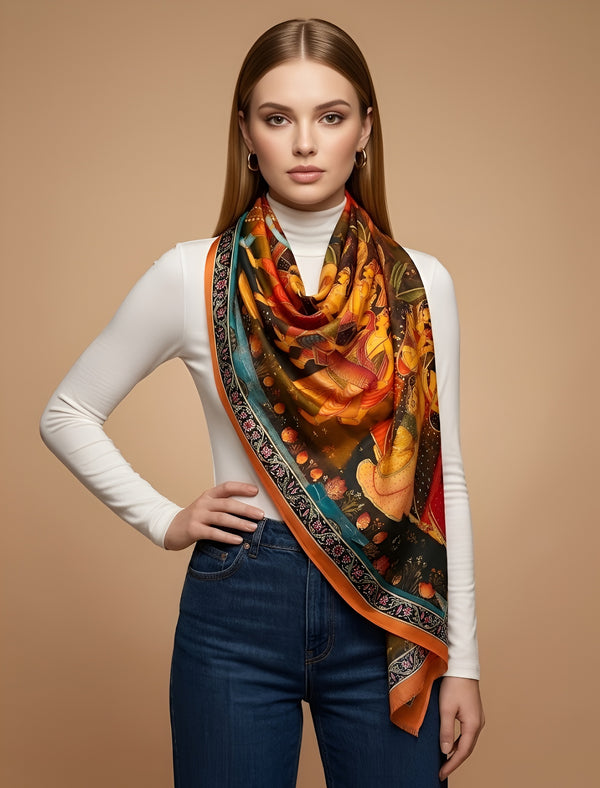 Signature Bamboo Silk PrintedStole | Heritage Pichwai & Miniature Art Inspired Print