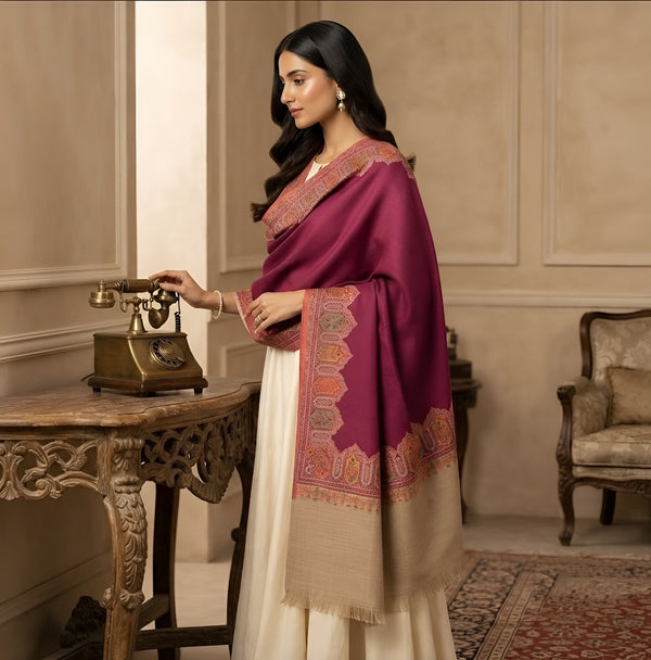 Naqsh-e-Kashmir Woven Kani Jacquard Wine Shawl with Solid Panel & Traditional Border