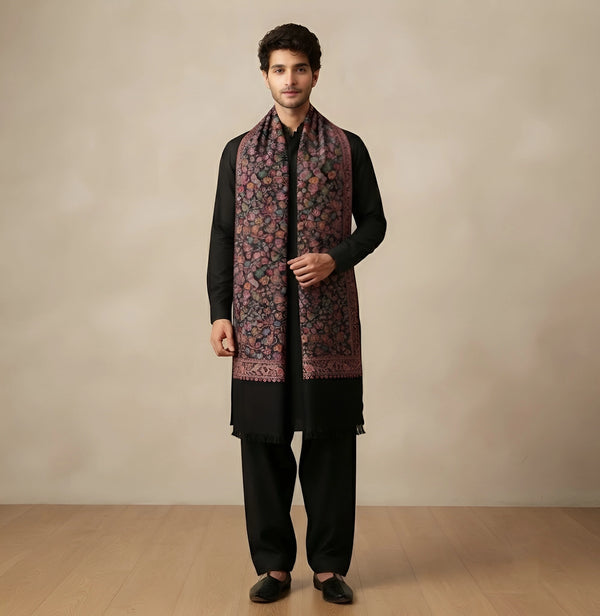 Mir-e-Khas Men's Kashmir-Inspired Jamawar Floral Paisley Vine Black Shawl