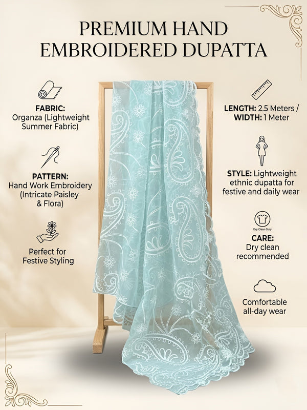 Aqua Organza Embroidered Dupatta for Women with Paisley & Floral