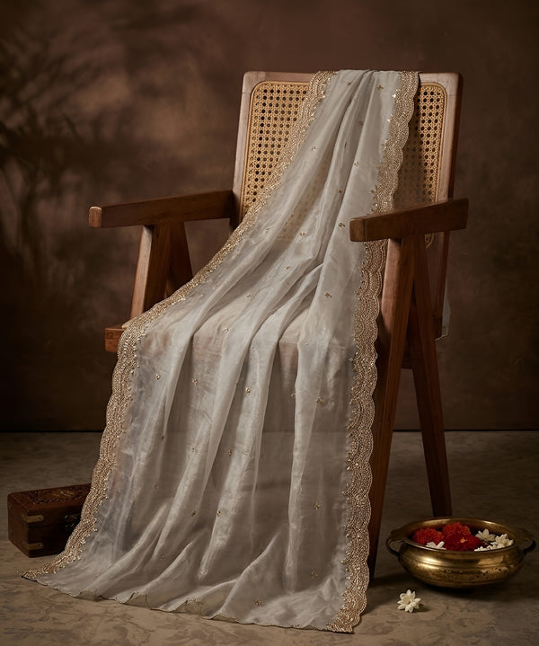 Luxe Fendi Women White Dupatta with 2 Side Scalloped Border, Mirror Detailing & Buti Embellishment