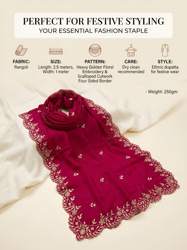 Luxe Rangoli Women Magenta Dupatta with 4 Side Scalloped Embroidered Border & Buti Embellishment