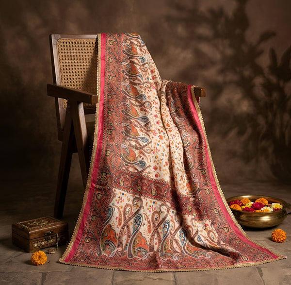 Chinon Floral Mirror Work Women Multicolor Dupatta with Designer Printed Panels & Lace Border