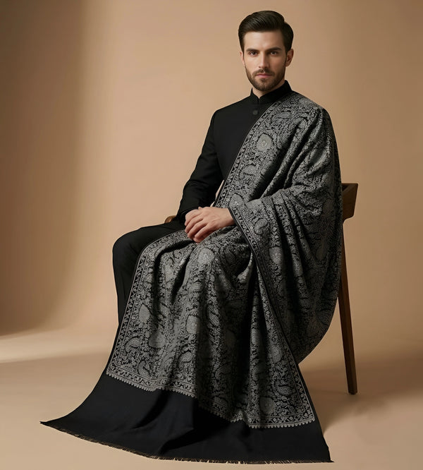Mir-e-Khas Kashmiri Sozni Jaal Black Shawl for Men – Wool Blend