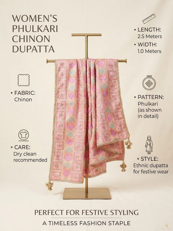 Luxe Chinon Women Phulkari Dupatta with Mirror & Beads Detailing, Lace Border and Latkan Tassels