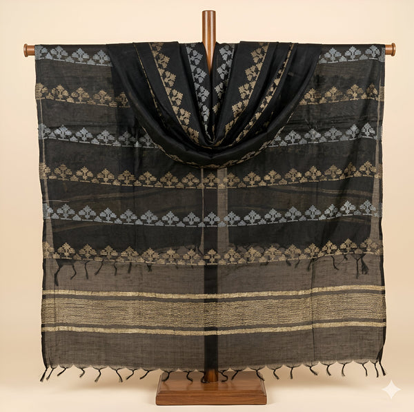Cotton Cut Work Mens Dupatta – Black Gold Tone with Woven Design