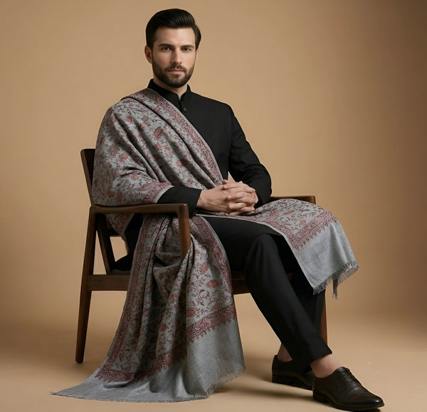 Mir-e-Khas Men's Kashmir-Inspired Jamawar Floral Paisley Vine Grey Shawl