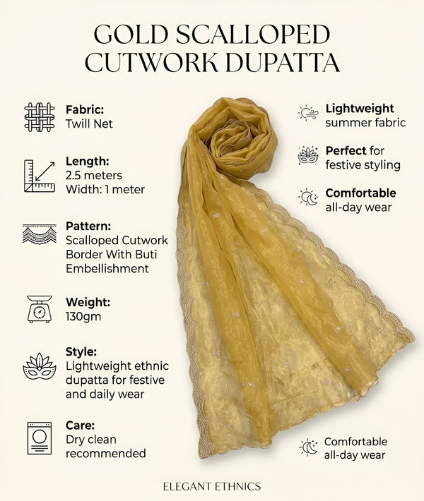 Designer Twill Net Women Gold Dupatta with 2 Side Scalloped Border & Buti Embellishment