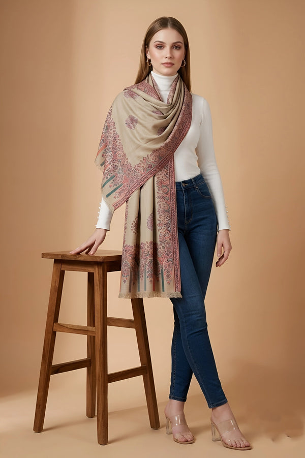 Regal Kani Woven Paisley Border Wool Blend Beige Stole | Kashmiri Inspired