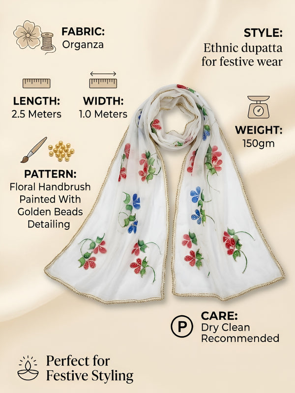 Luxe Organza Women White Dupatta with Handbrush Floral Art & Beads