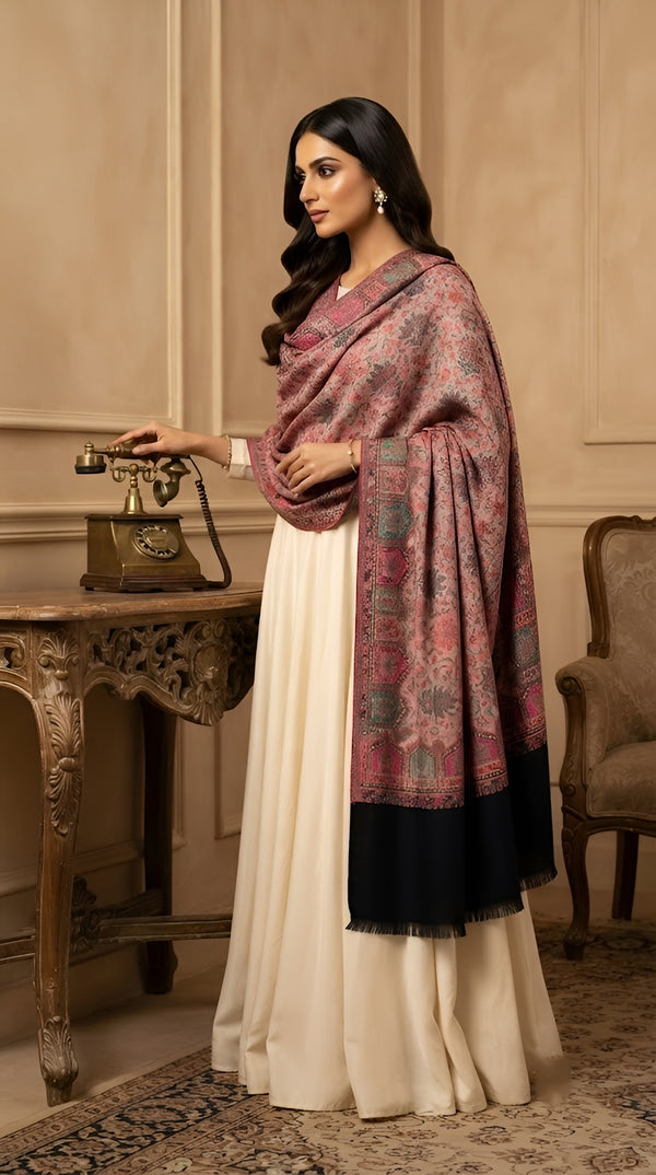 Naqsh-e-Kashmir Woven Kani Jacquard Floral Shawl with Traditional Black Border & Panel