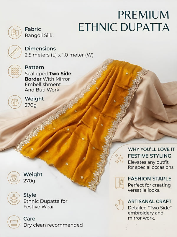 Luxe Fendi Women Mustard Dupatta with 2 Side Scalloped Border, Mirror Detailing & Buti Embellishment