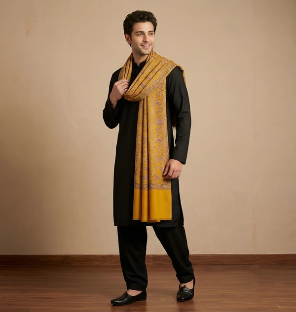 Mir-e-Khas Men's Kashmir-Inspired Jamawar Floral Paisley Vine Yellow Shawl