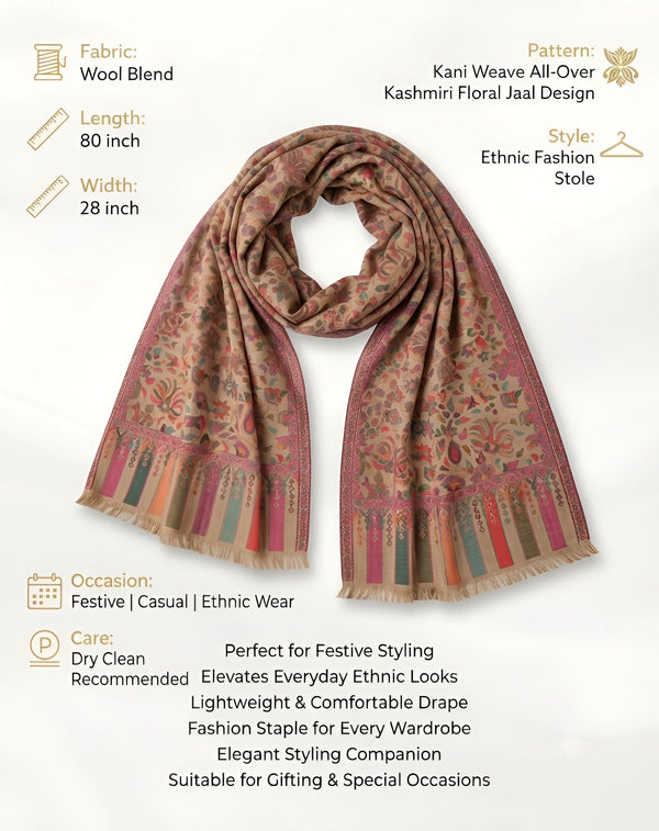 Regal Kani Weave All-Over Floral Jaal Wool Blend Beige Stole | Kashmiri Inspired