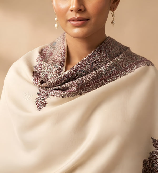 Naqsh-e-Kashmir Woven Kani Jacquard Border White Shawl | Wool Blend