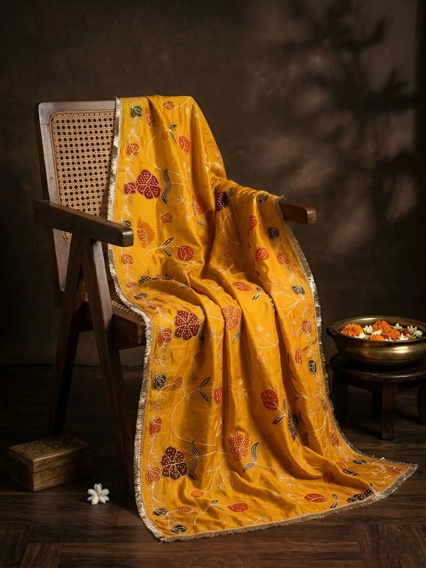 Luxe Cosmos Womens Yellow Dupatta with Zari Brush Print & Lace Border