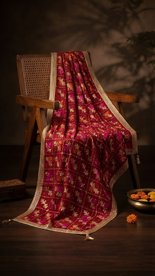 Luxe Phulkari Chinon Maroon Dupatta with Mirror Detailing