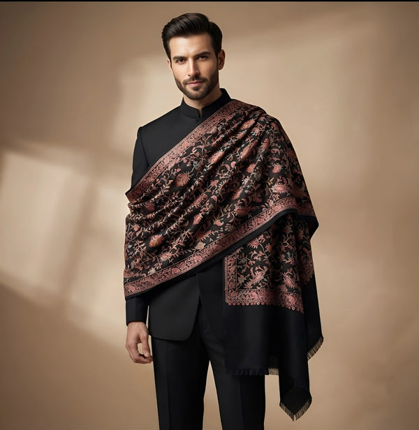 Mir-e-Khas Men's Kashmir-Inspired Jamawar Floral Paisley Vine Black Shawl