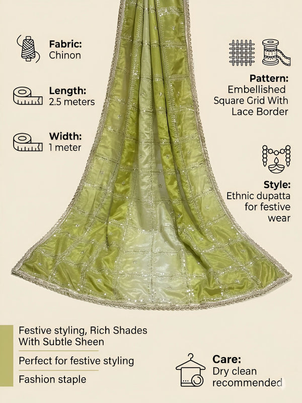 Luxe Chinon Womens Green Dupatta – Embellished Grid Work with Lace Border