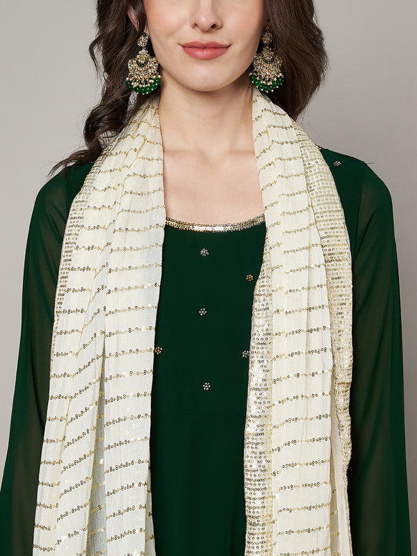 Ivory Chinon Dupatta with Gold Stripe Sequin Work & Gota Border (Size: 2.5x1 m Approx)