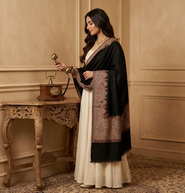 Naqsh-e-Kashmir Woven Kani Jacquard Border Black Shawl | Wool Blend