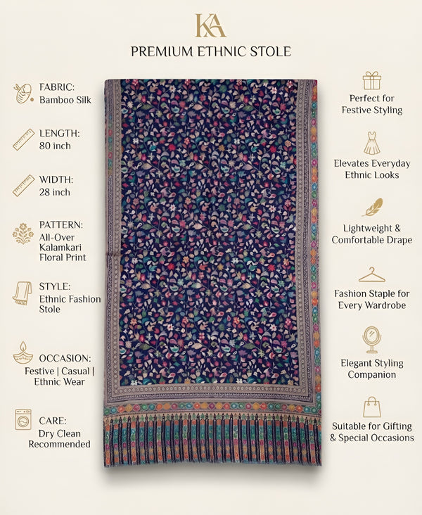 Reserve Mens All-Over Kalamkari Floral Print Bamboo Silk Blue Stole