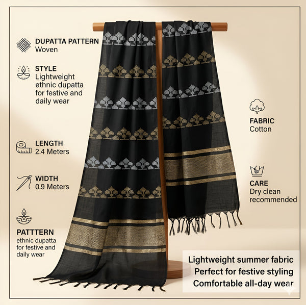 Cotton Cut Work Mens Dupatta – Black Gold Tone with Woven Design