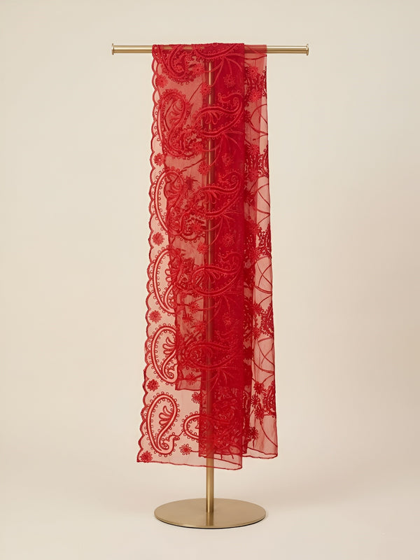 Red Organza Embroidered Dupatta for Women with Paisley & Floral