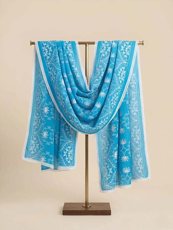 Blue Karachi Style Hand Embroidered Chiffon Dupatta