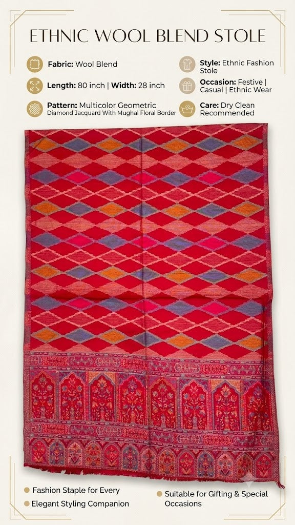 Reserve Mens Wool Blend Multicolor Geometric Diamond Jacquard Red Stole with Mughal Floral Border
