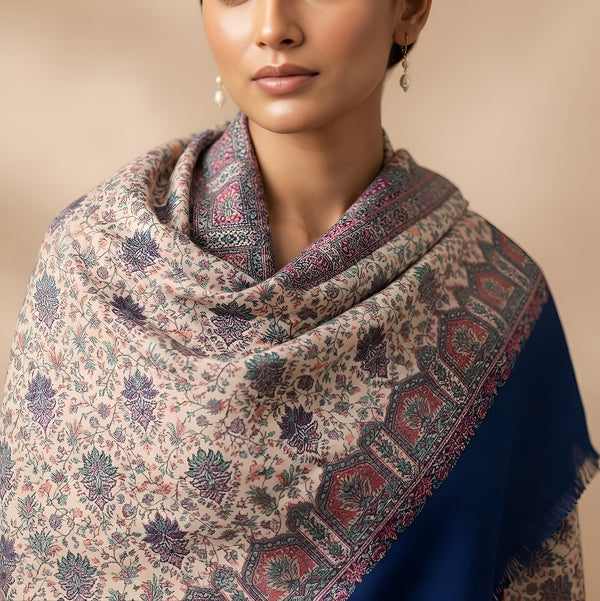 Naqsh-e-Kashmir Woven Kani Jacquard Floral Shawl with Traditional Blue Border & Panel